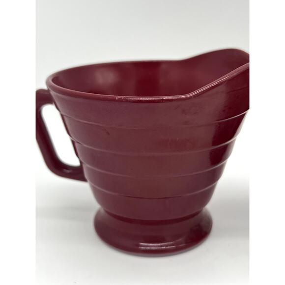 Hazel Atlas Moderntone Burgundy Red Footed Creamer & Sugar Set Vertical Ribbing - Picture 6 of 14